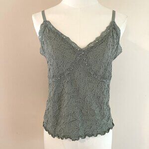 Y2K Babydoll Lace Trim Tank Top Cami Size L/XL Green Coquette Romantic Stretch